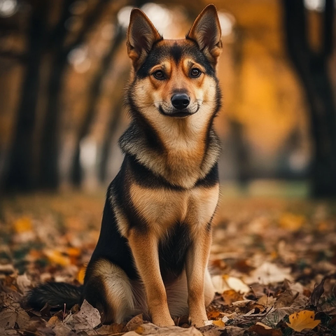 秋日混血犬坐姿静谧公园