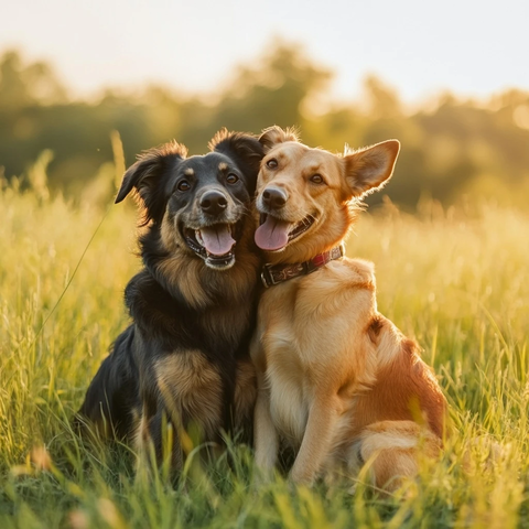 两只狗狗草地亲密相伴