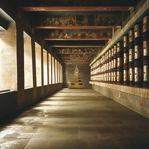 藏式建筑内的经筒与佛塔景象