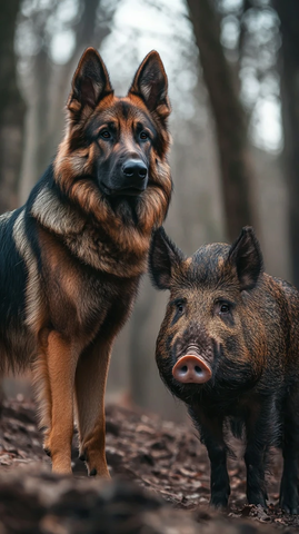 德国牧羊犬与野猪森林场景