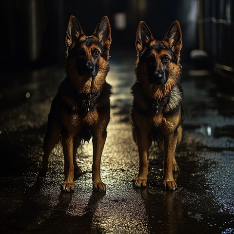 德国牧羊犬湿路灯下