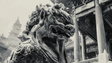 古建筑前的石狮子雕像特写