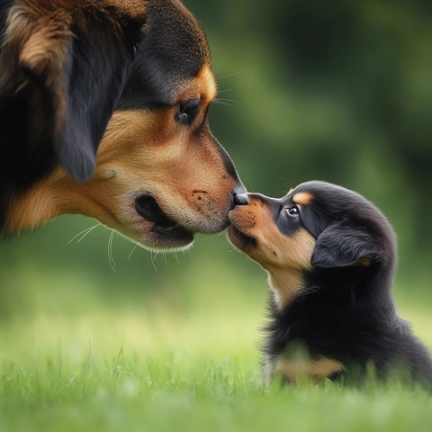 小狗亲吻大狗展示亲情