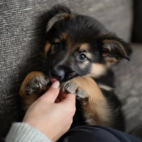 幼犬咬手坐沙发