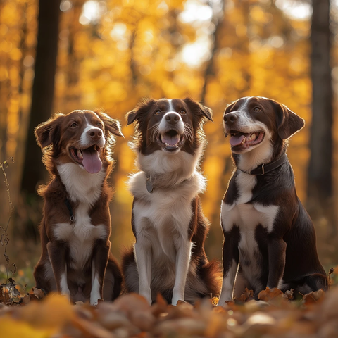 三只狗坐在秋天里看远方
