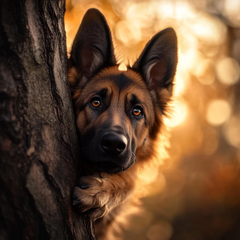 德国牧羊犬趴树干望向镜头