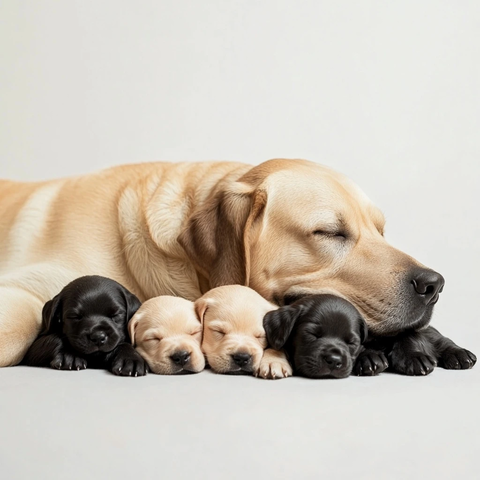 拉布拉多与四只幼犬酣睡