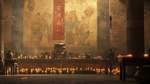 室内点满蜡烛的古旧壁画场景