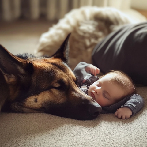 德国牧羊犬守护婴儿