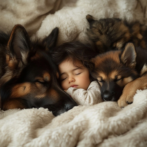 孩子与德国牧羊犬温馨共眠