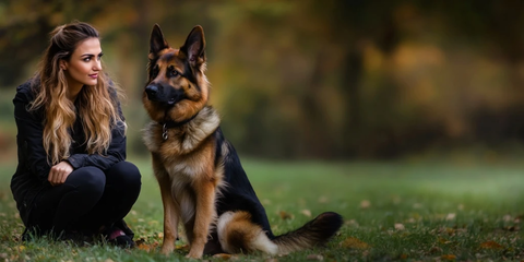 女性与德国牧羊犬户外活动