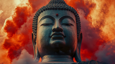 巨型佛像头部特写背景为红色云雾
