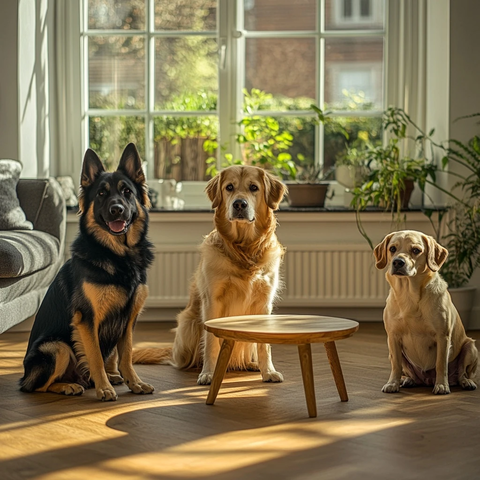 三只狗在客厅小圆桌旁