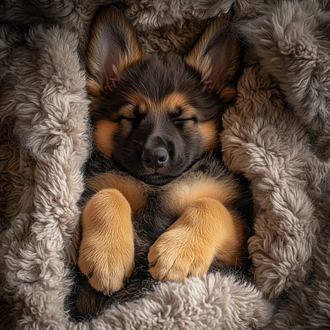 德国牧羊犬幼犬毯子上睡觉