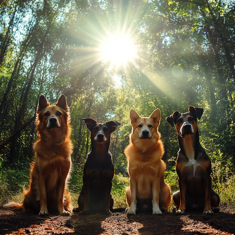 不同品种犬类森林前合影
