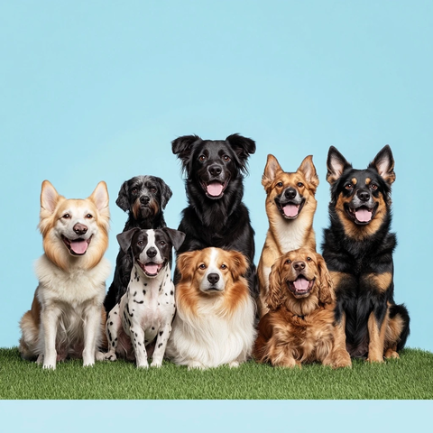 不同品种狗狗草地坐