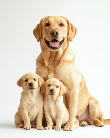 拉布拉多与幼犬静坐