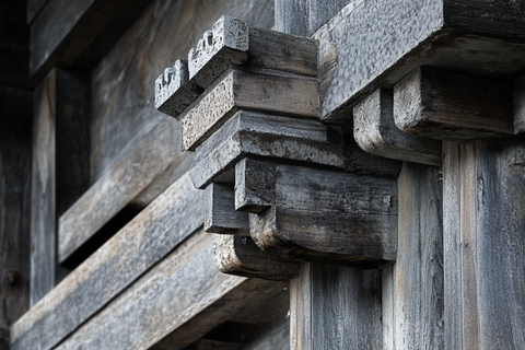 古老建筑上的木质结构构件特写