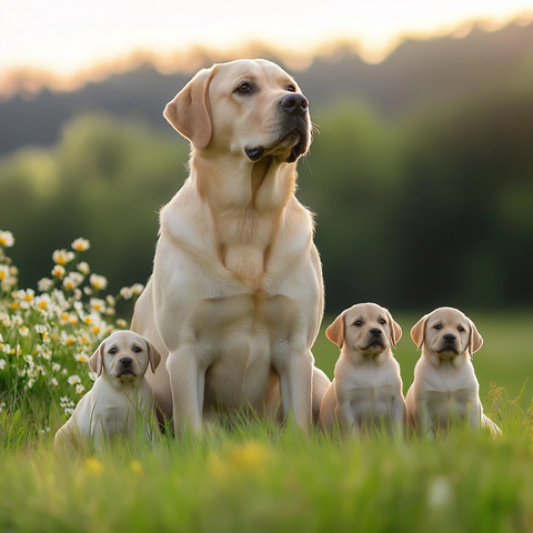 拉布拉多犬与幼犬绿野花丛