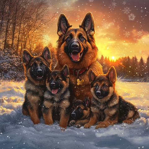 雪地中德国牧羊犬与幼崽