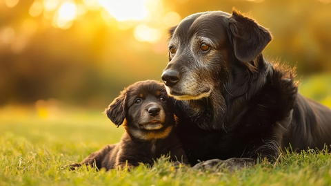 老狗与幼犬户外相伴