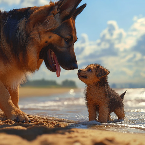 德国牧羊犬与街边小狗沙滩玩耍