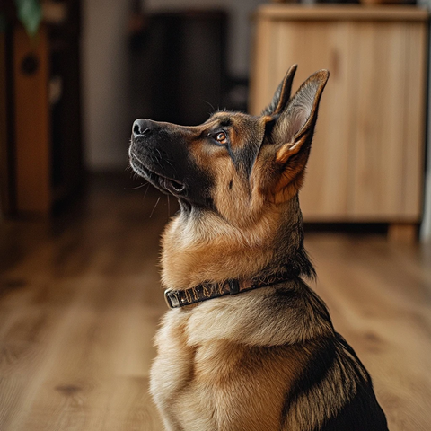 德国牧羊犬坐着抬头看