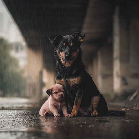 黑犬护幼犬雨中相依