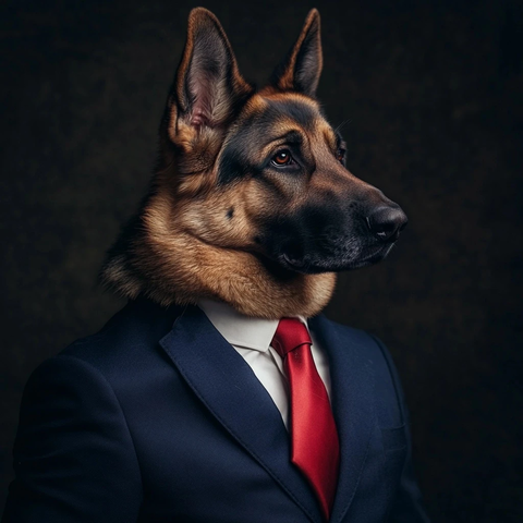 德国牧羊犬与蓝色西装红色领带