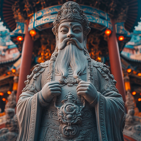 古建筑前的古代人物雕像