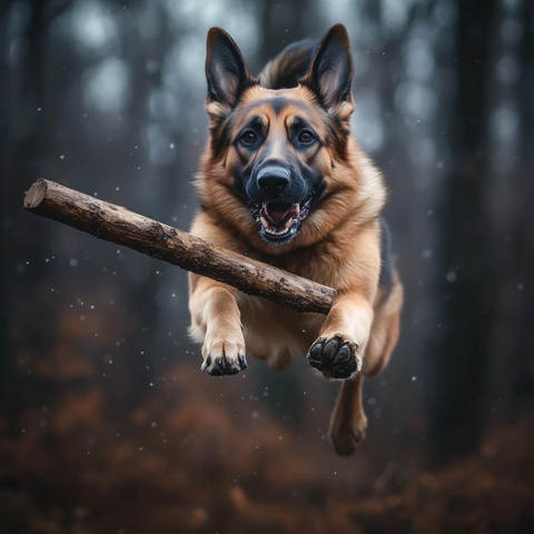德国牧羊犬跳跃咬木棍