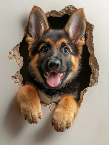 小狗穿过墙壁玩耍