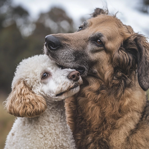 德国牧羊犬与贵宾犬玩耍