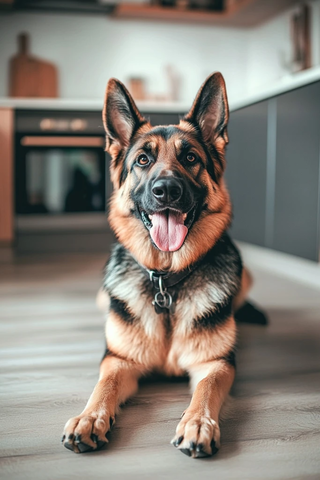 黑棕德牧吐舌戴项圈厨房