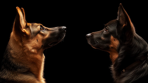 德国牧羊犬与犬仰望主人