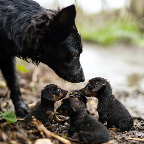黑狗喂食小河边幼犬