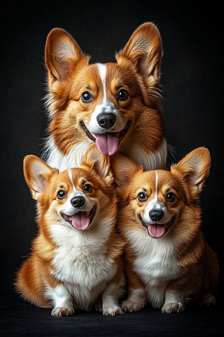 三只柯基犬家庭坐姿合影