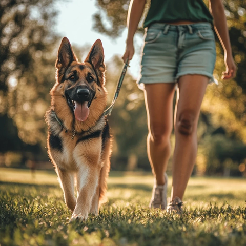 德国牧羊犬与主人公园散步