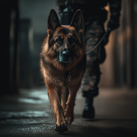 警犬注视镜头警察模糊背景