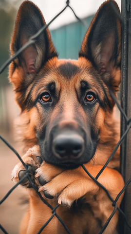 德国牧羊犬凝视围栏外小狗