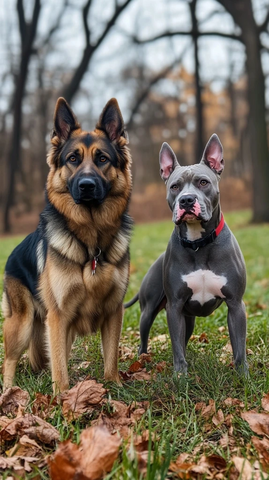 德国牧羊犬与比特犬户外站立