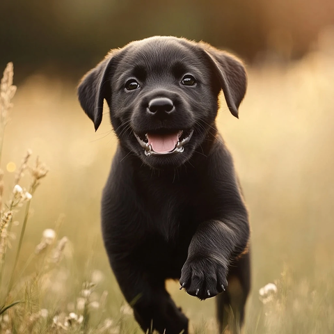 黑拉布拉多幼犬奔跑草地