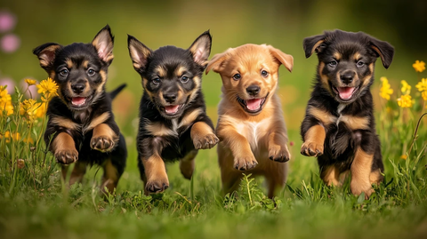 小狗跳跃草地阳光瞬间