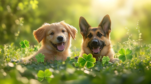 金毛与德牧小狗草地玩耍