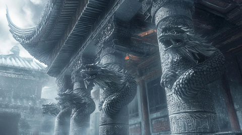 古建筑龙雕柱远景神秘氛围画面