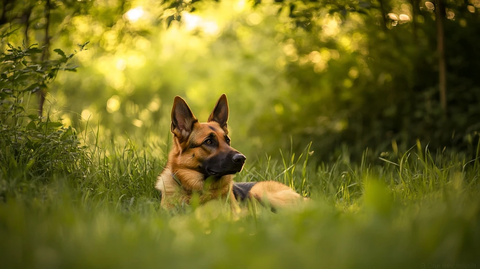 德国牧羊犬绿草地躺卧