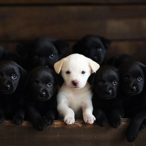 一窝小狗中有一只白化