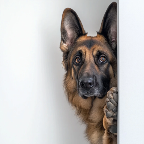 德国牧羊犬探头白墙