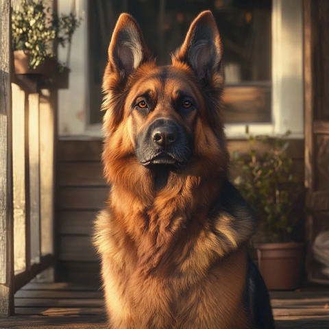 德国牧羊犬坐于木质门廊