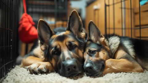 德国牧羊犬笼中相依